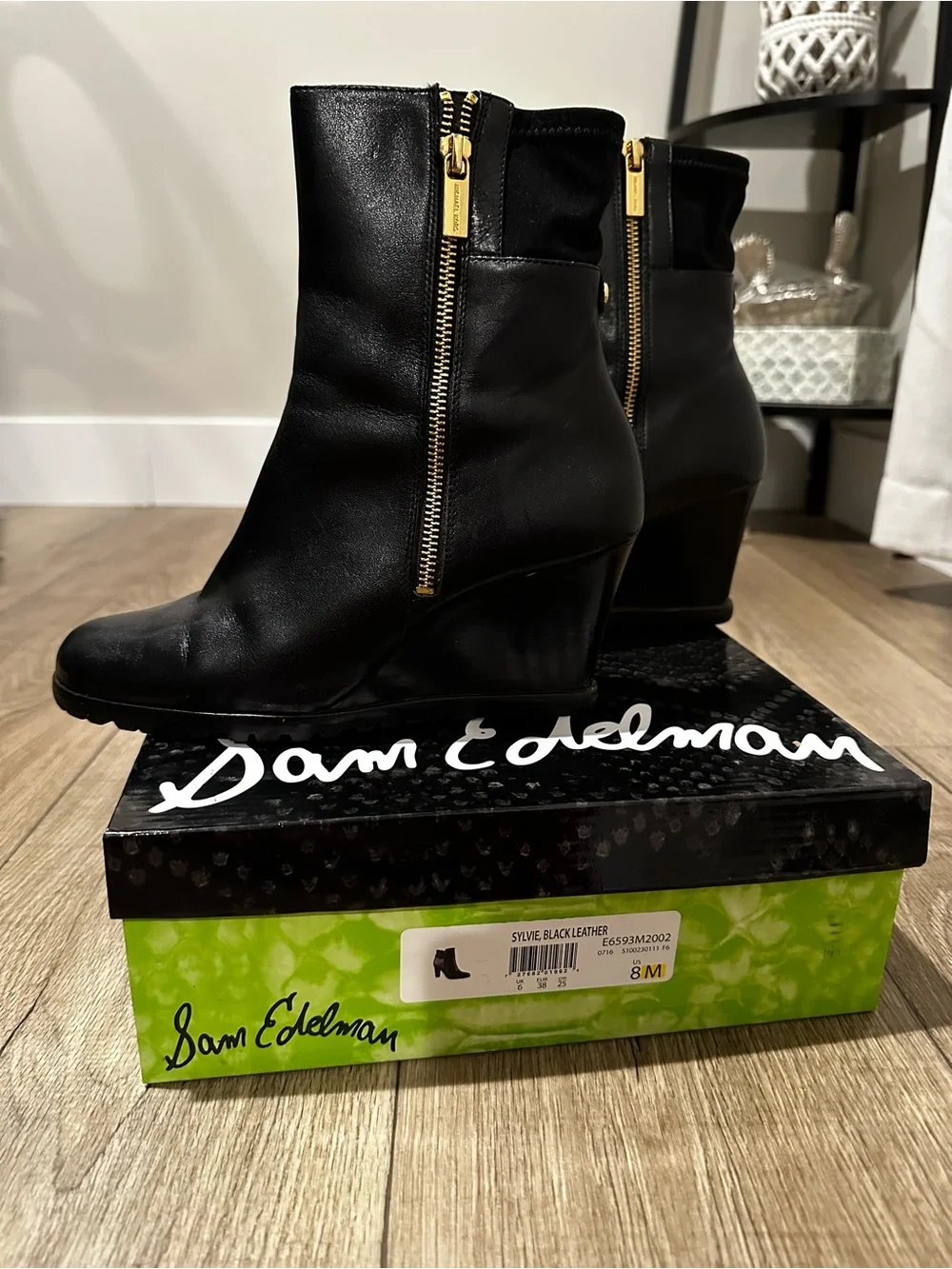 Sam Edelman Black Leather Wedge Ankle Boots with Gold Zippers